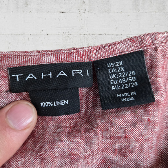 Tahari Washed Red Linen Tassel V Neck Boho Peasant Blouse Size 2X - Picture 4 of 7